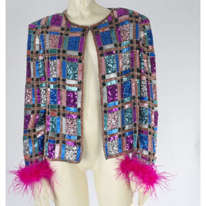 Vintage Leslie Fay Evenings Silk Multicolor Sequin Jacket Size M Cocktail
